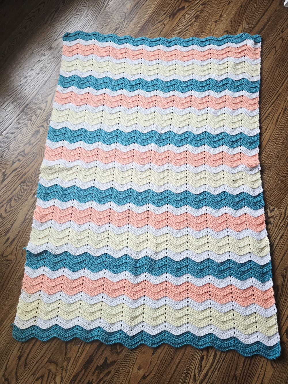 Handmade Crochet Chevron Throw Blanket Teal, Peach, Yellow, & White 58" x 39"